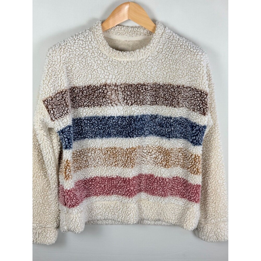 Harper Heritage Small Sherpa Pullover Striped Cozy Fleece Soft Crewneck Boho